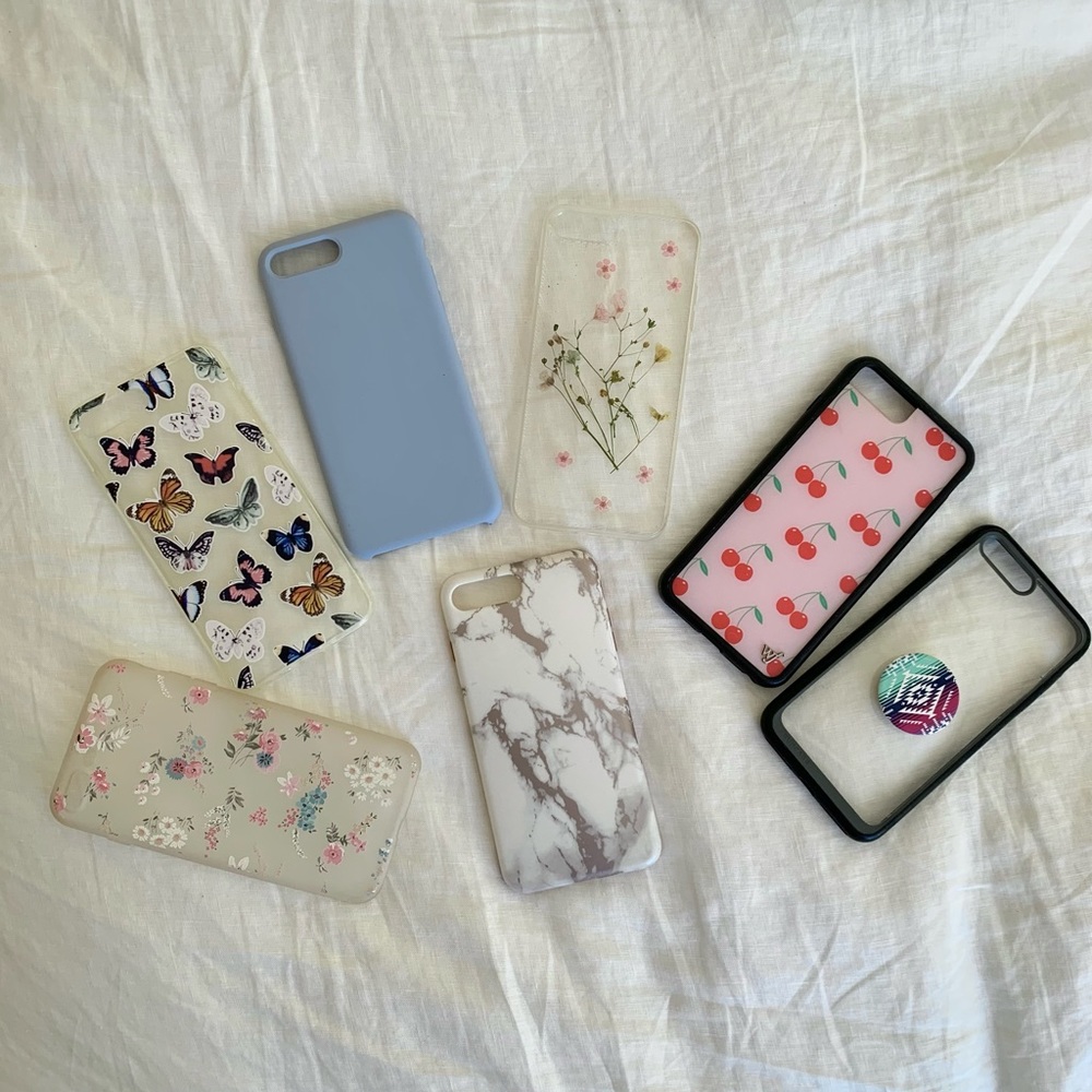 iPhone 7+ Case Bundle, Marble, Periwinkle, Clear Flowers